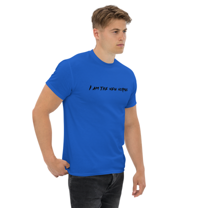 "I am the new normal" printed on a royal unisex classic tee worn by a male