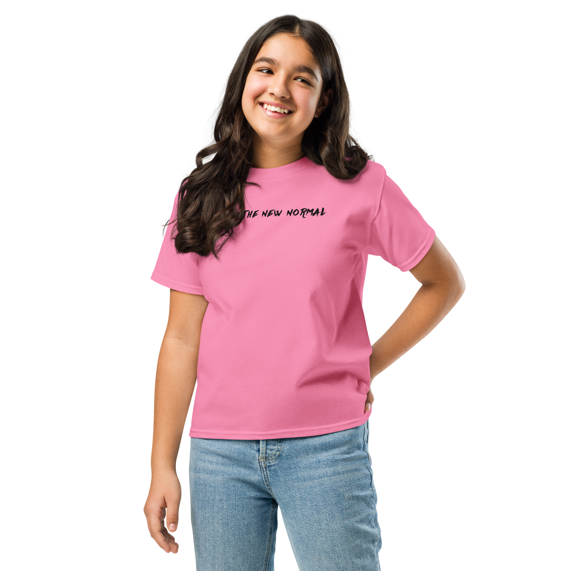 "I am the new normal" printed on a azalea youth classic tee worn by a female