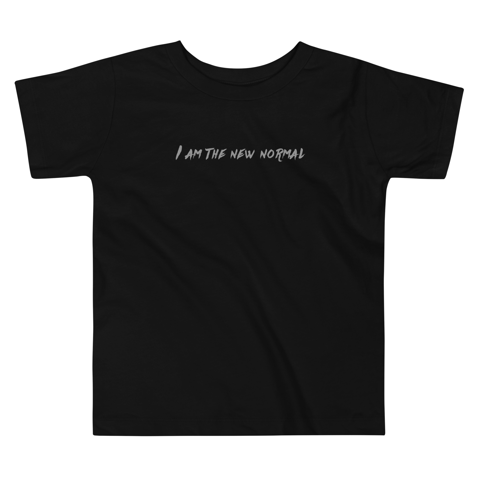 "I am the new normal" printed on a black toddler short sleeve tee laying on a flat surface
