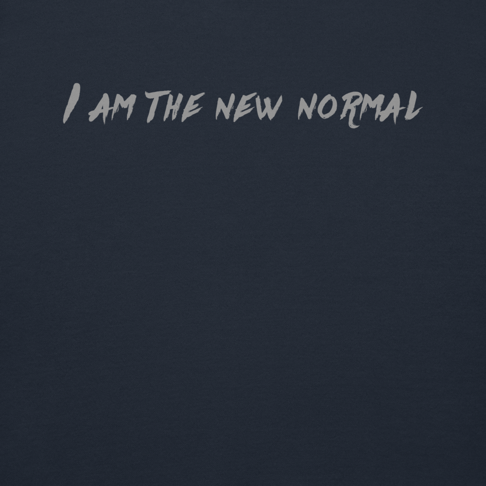 "I am the new normal" printed on a navy blazer background