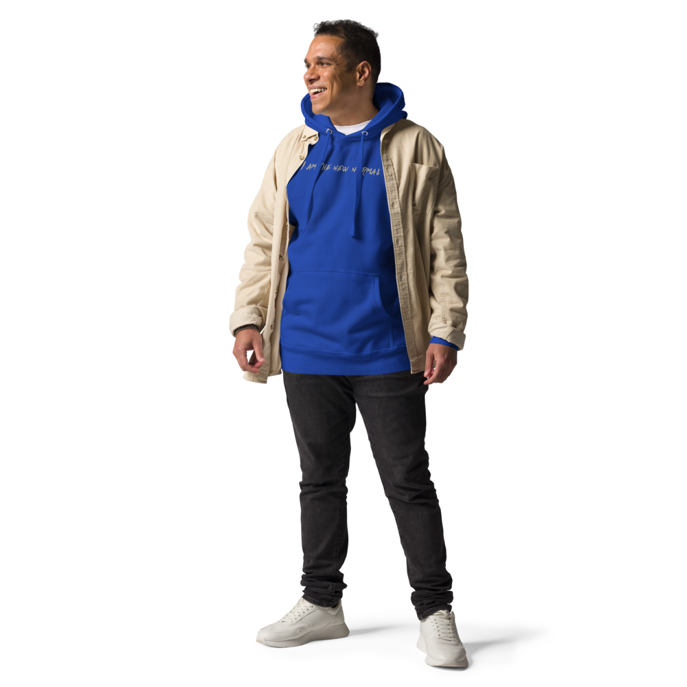 "I am the new normal" printed on a team royal unisex hoodie worn by a male with a jacket on top