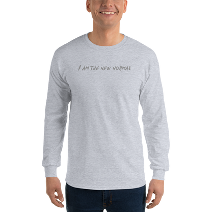"I am the new normal" printed on a sport grey men's long sleeve shirt worn by a male