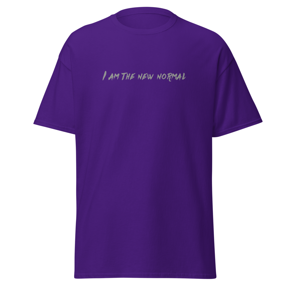 "I am the new normal" printed on a purple on an invisible body