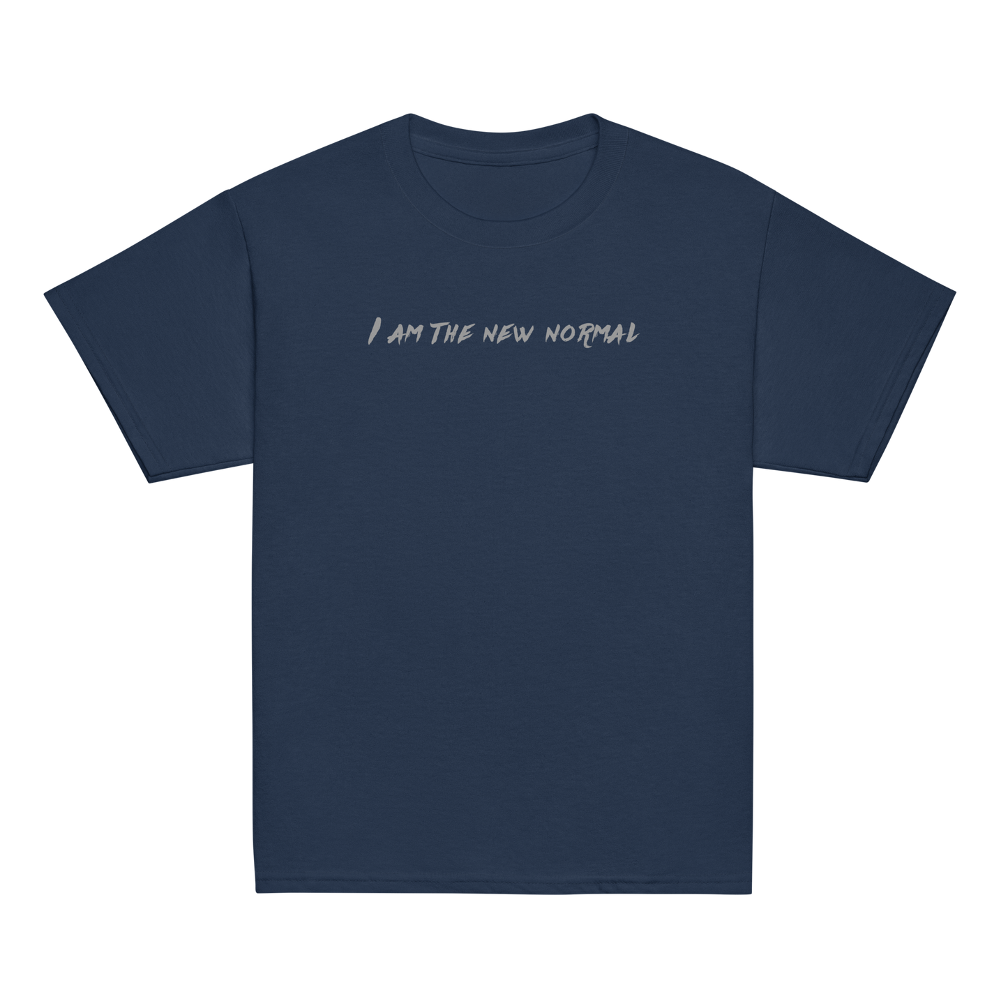 "I am the new normal" printed on a navy youth classic tee laying on a flat surface
