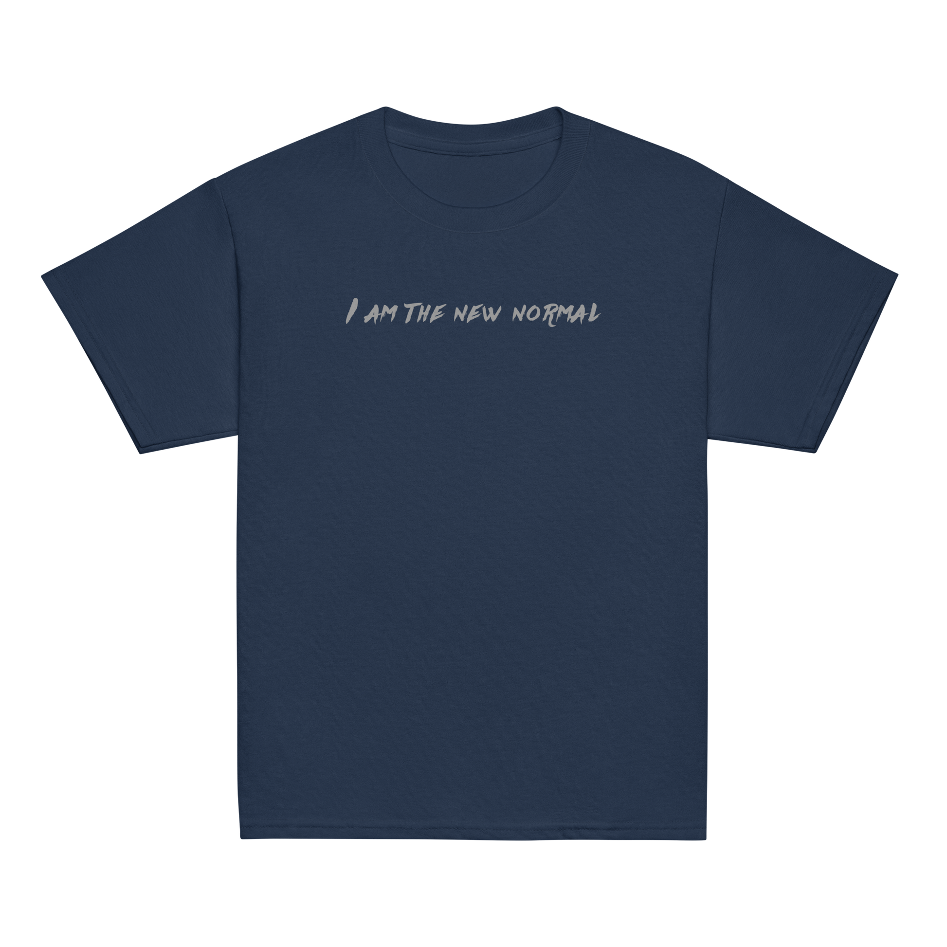 "I am the new normal" printed on a navy youth classic tee laying on a flat surface
