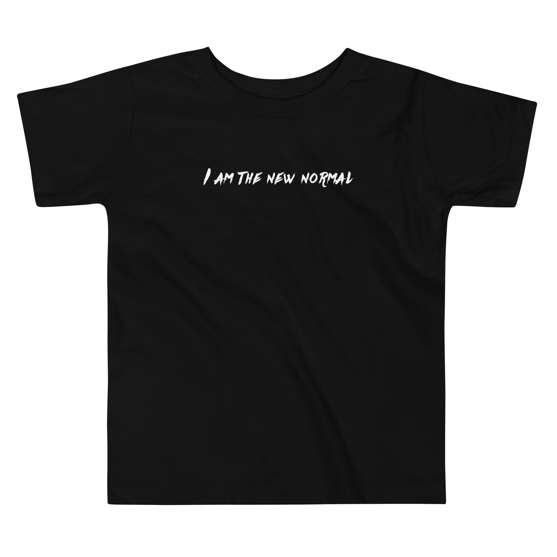 "I am the new normal" printed on a black toddler short sleeve tee laying on a flat surface