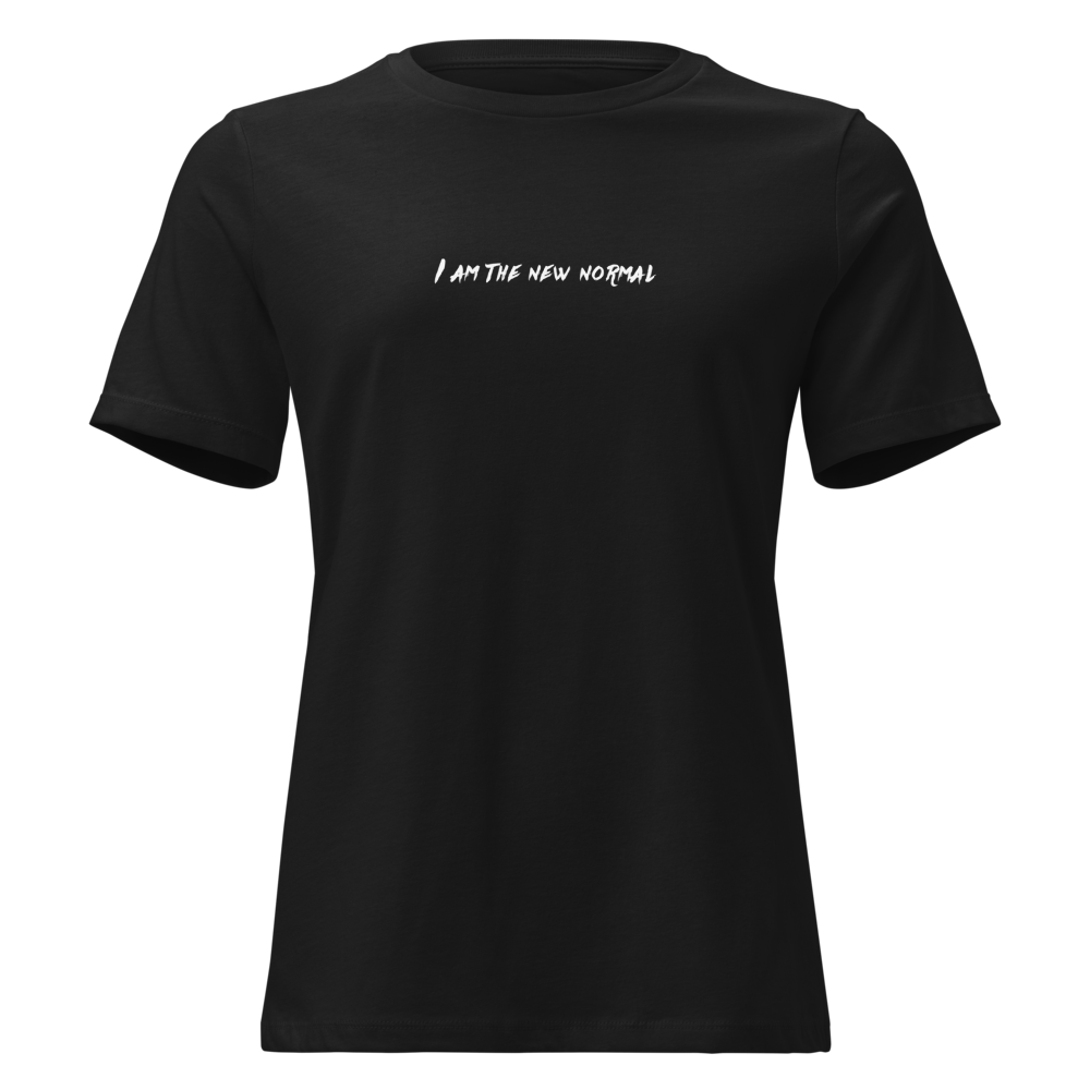 "I am the new normal" printed on a black on an invisible / simulated body
