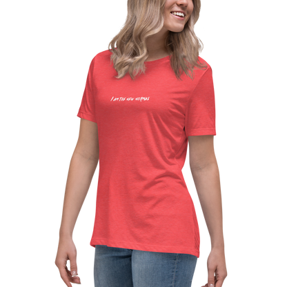 "I am the new normal" printed on a heather red women's relaxed t-shirt worn by a female