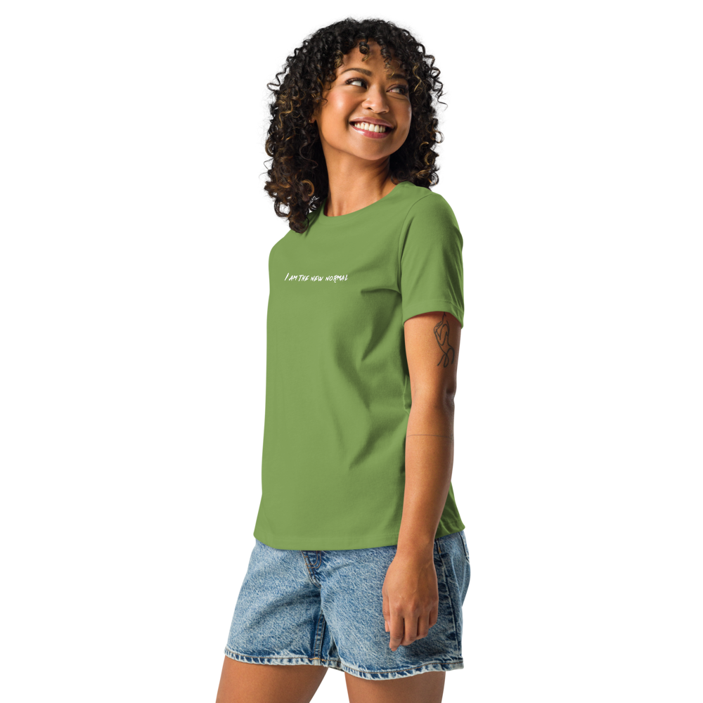 "I am the new normal" printed on a leaf women's relaxed t-shirt worn by a female