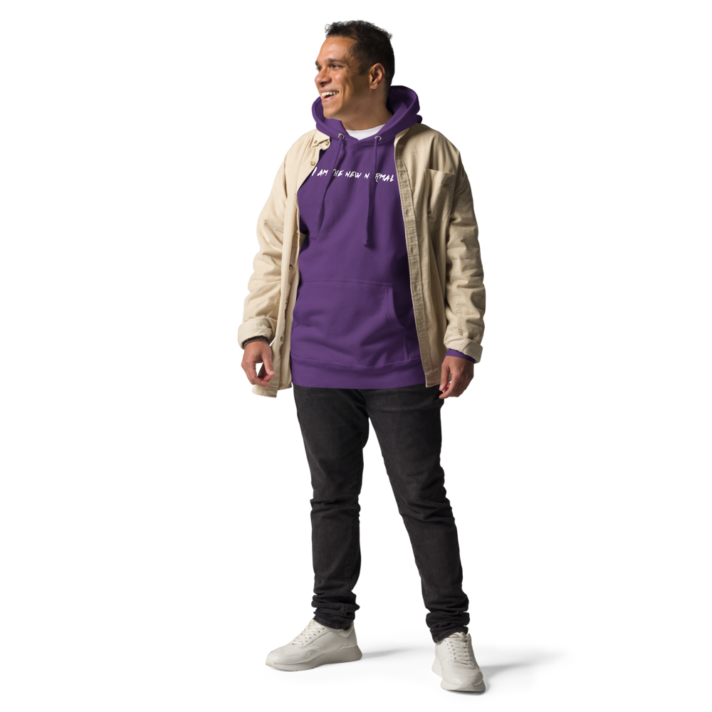 "I am the new normal" printed on a purple unisex hoodie worn by a male with a jacket on top
