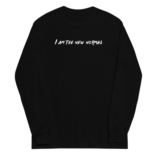 "I am the new normal" printed on a black men's long sleeve shirt laying on a flat surface