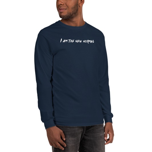 "I am the new normal" printed on a navy men's long sleeve shirt worn by a male