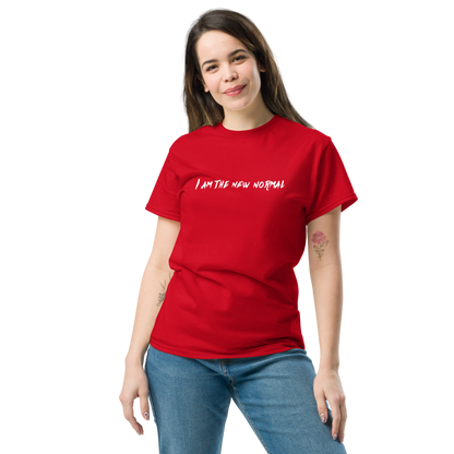 "I am the new normal" printed on a red unisex classic tee worn by a female