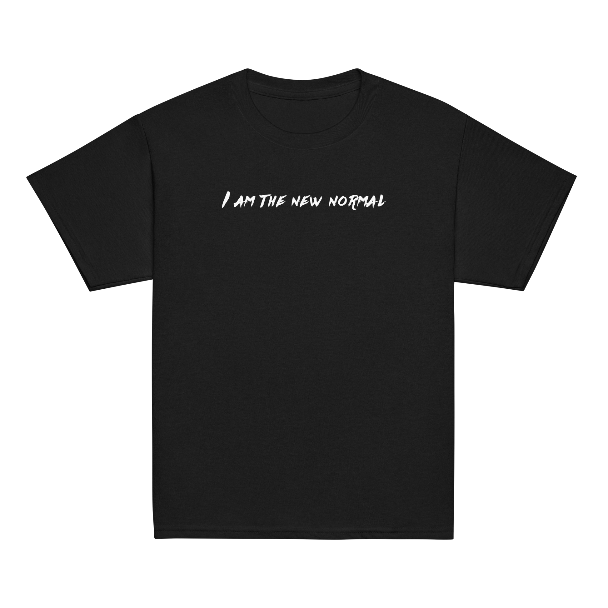 "I am the new normal" printed on a black youth classic tee laying on a flat surface