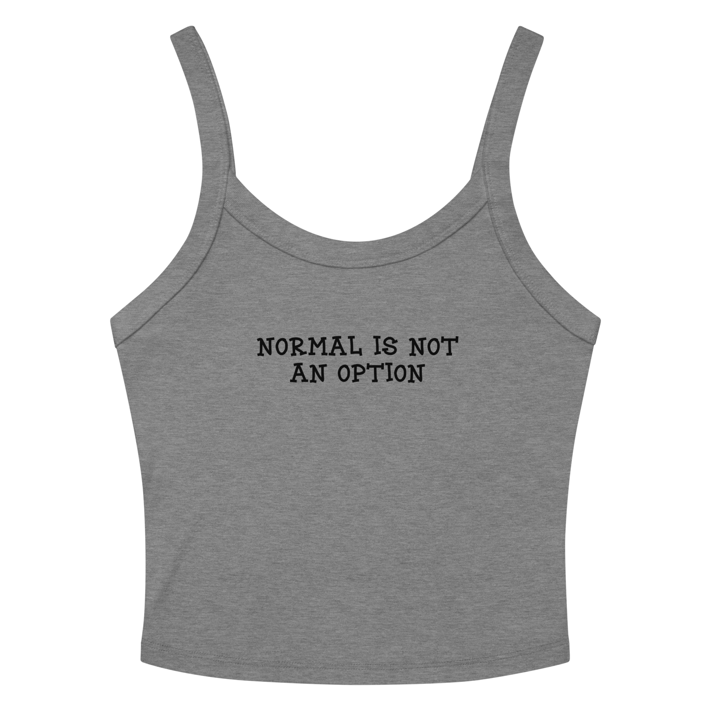 "Normal is not an option" printed on a athletic heather women's micro-rib tanktop laying on a flat surface amongst sunglasses and shorts