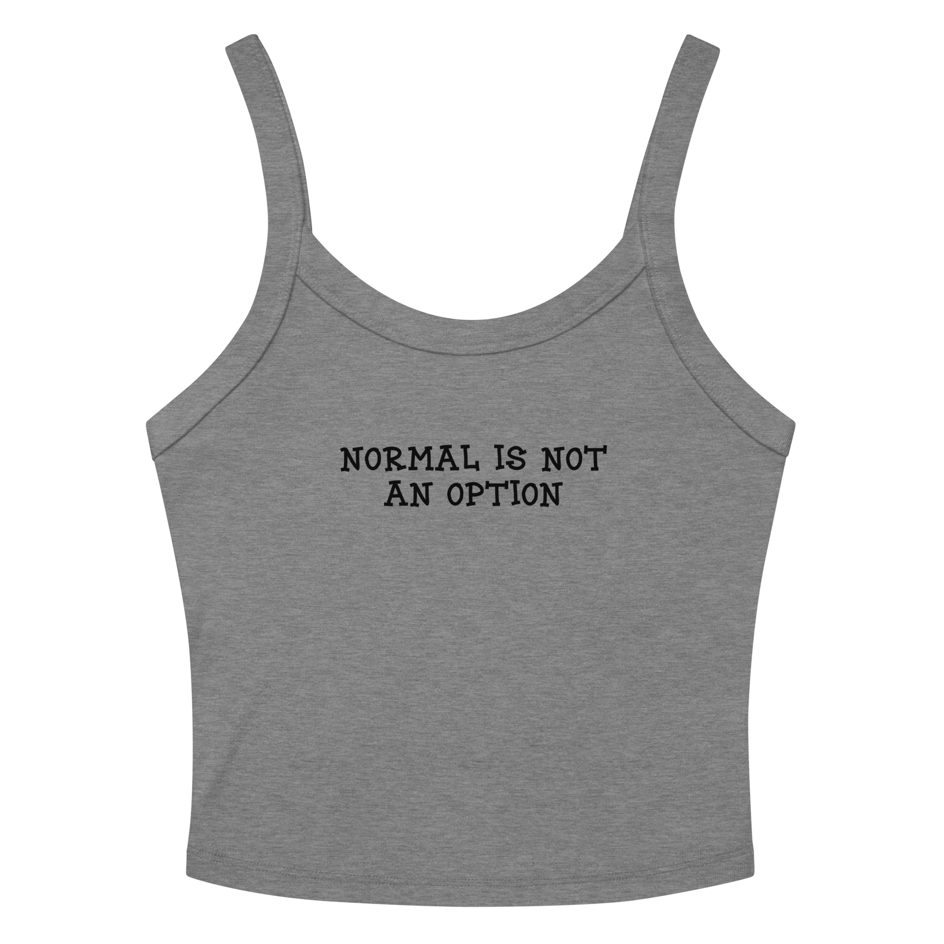 "Normal is not an option" printed on a athletic heather women's micro-rib tanktop laying on a flat surface amongst sunglasses and shorts
