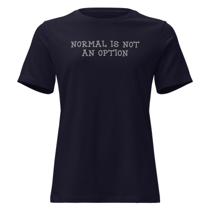 "Normal is not an option" printed on a navy on an invisible / simulated body