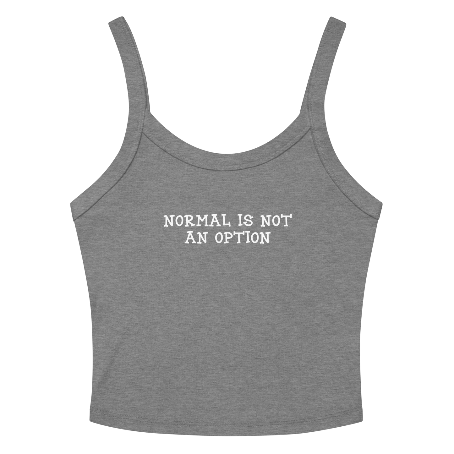 "Normal is not an option" printed on a athletic heather women's micro-rib tanktop laying on a flat surface amongst sunglasses and shorts