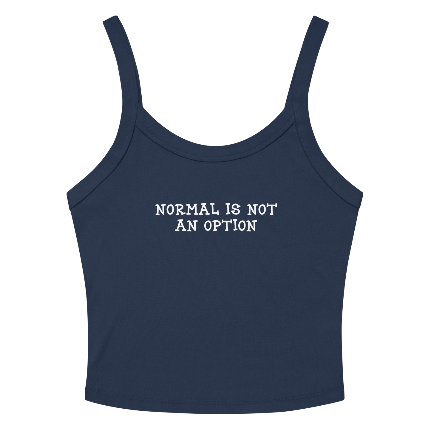 "Normal is not an option" printed on a solid navy blend women's micro-rib tanktop laying on a flat surface amongst sunglasses and shorts