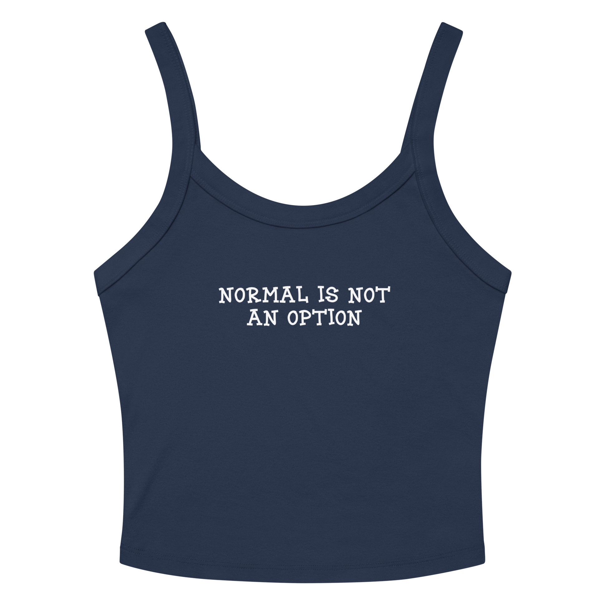 "Normal is not an option" printed on a solid navy blend women's micro-rib tanktop laying on a flat surface amongst sunglasses and shorts
