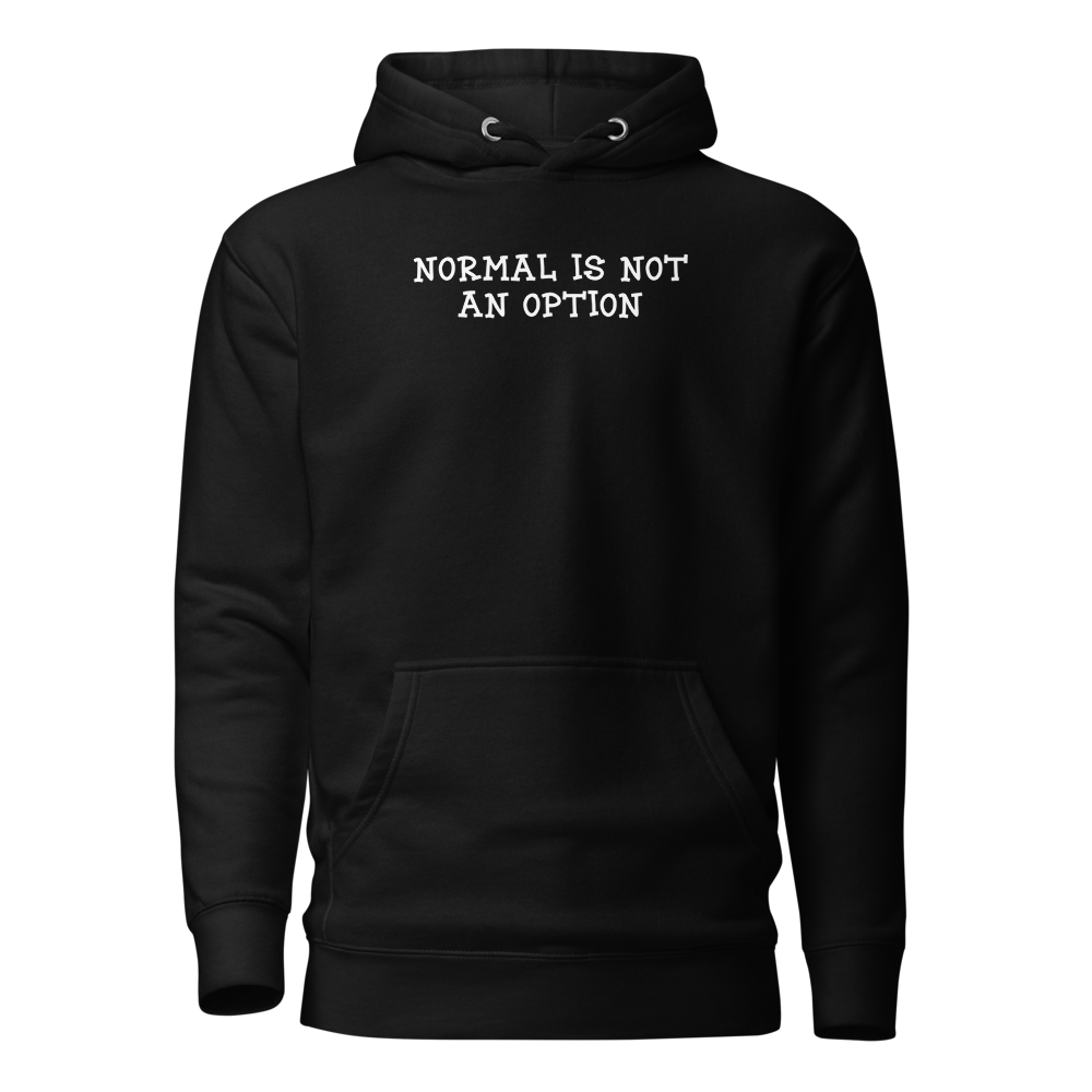 "Normal is not an option" printed on a black on an invisible / simulated body