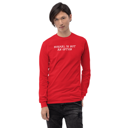 "Normal is not an option" printed on a red men's long sleeve shirt worn by a male