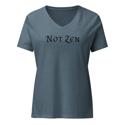 "Not zen" printed on a heather slate on an invisible / simulated body