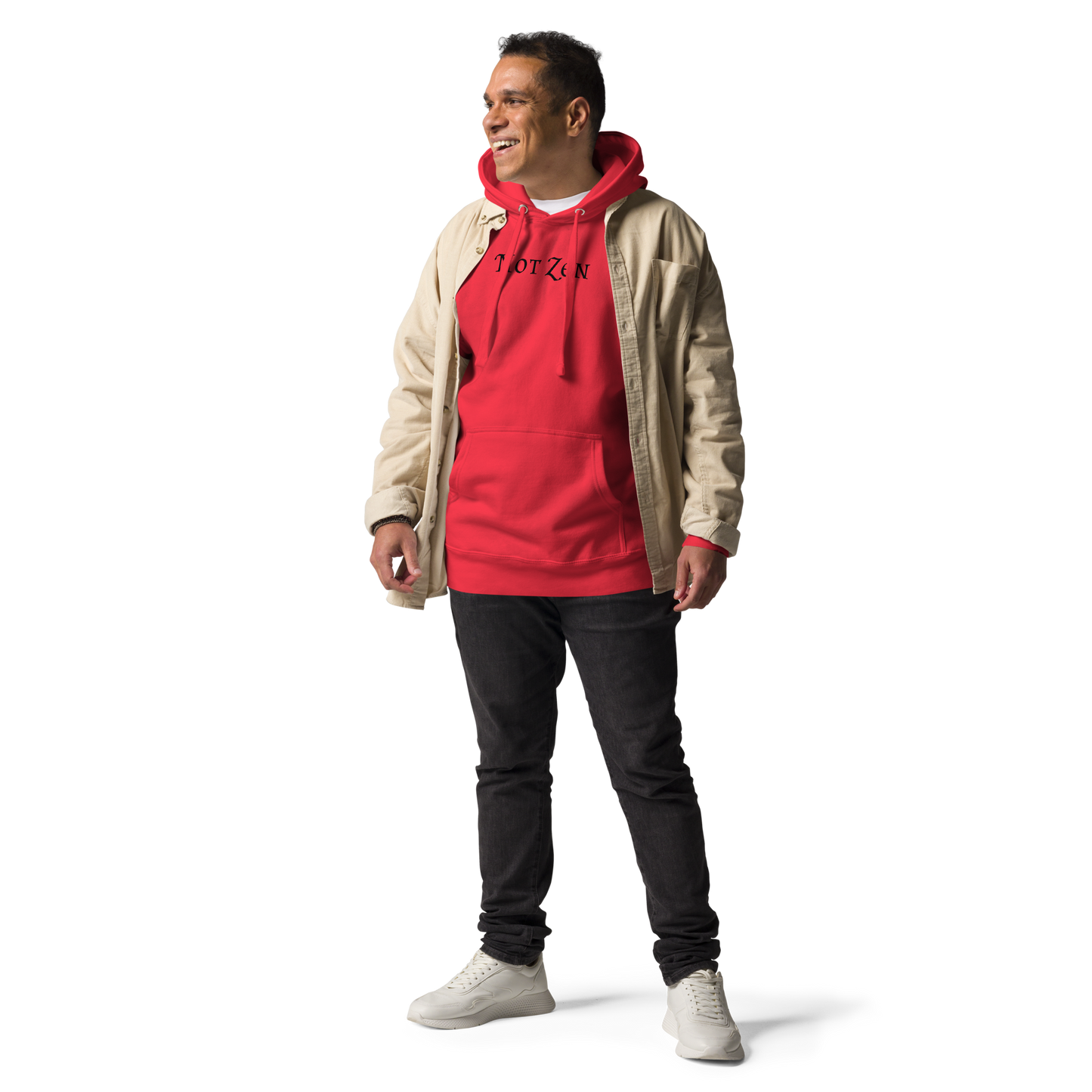 "Not zen" printed on a team red unisex hoodie worn by a male with a jacket on top