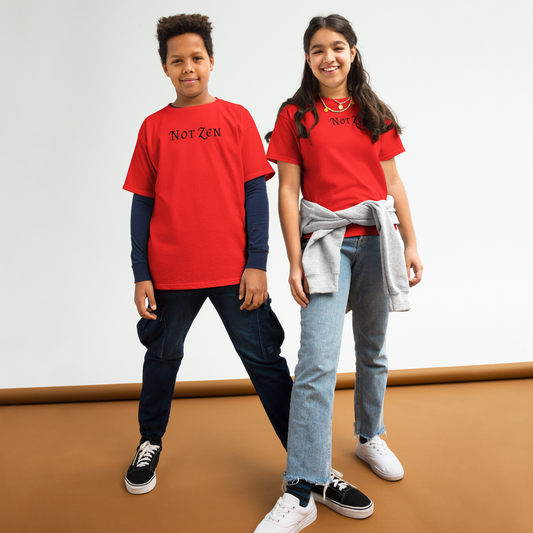 "Not zen" printed on a red youth classic tee worn by a female and male