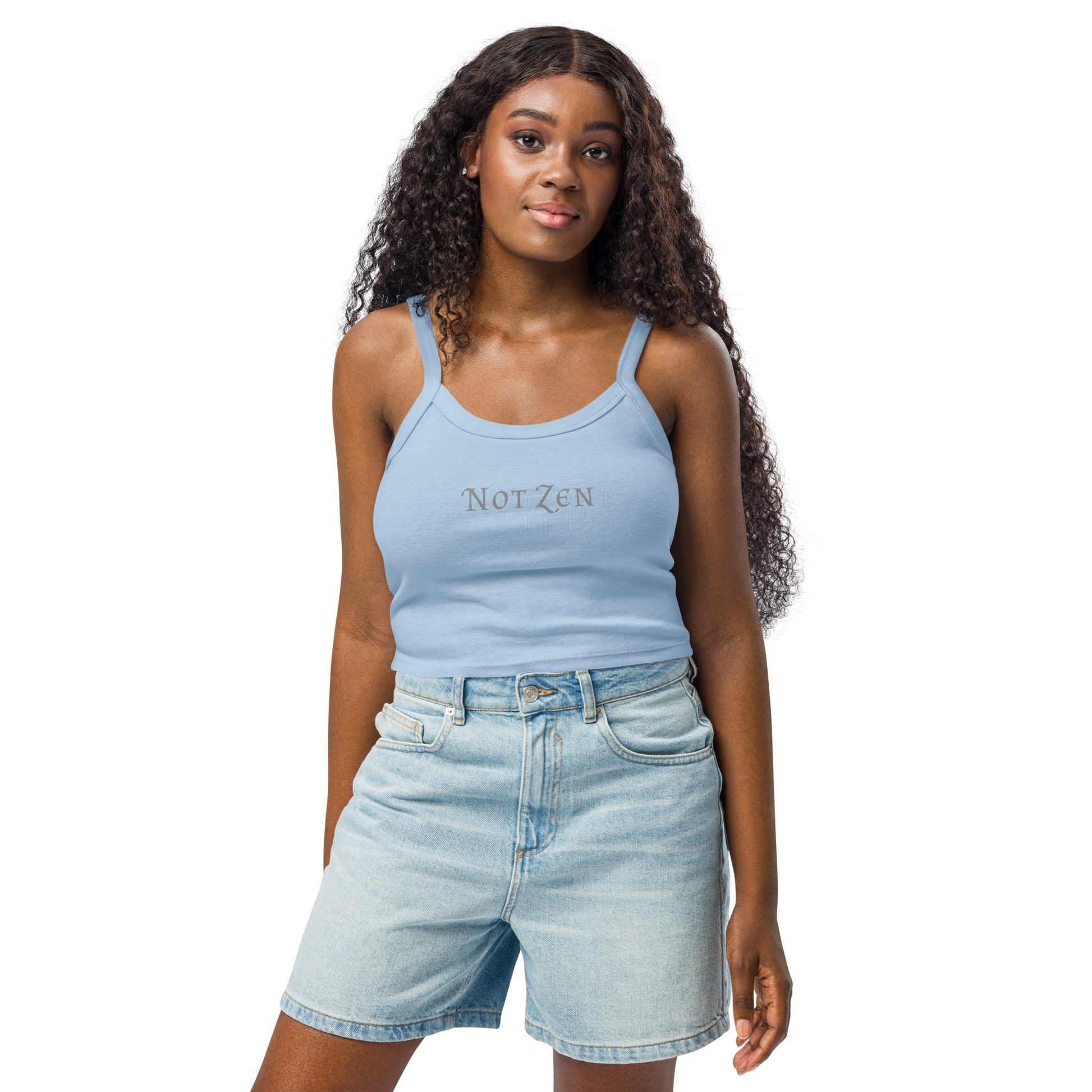 "Not zen" printed on a solid baby blue blend women's micro-rib tanktop worn by a female