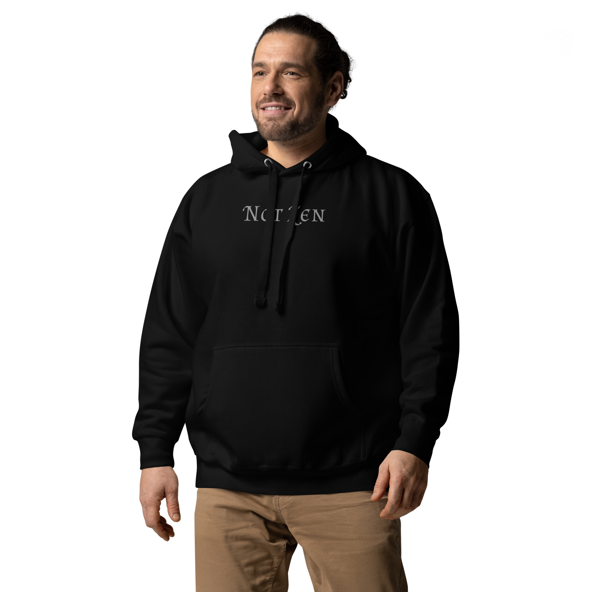 "Not zen" printed on a black unisex hoodie worn by a male