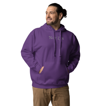 "Not zen" printed on a purple unisex hoodie worn by a male