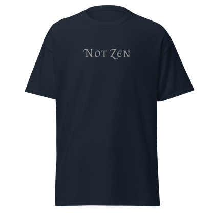 "Not zen" printed on a navy on an invisible body