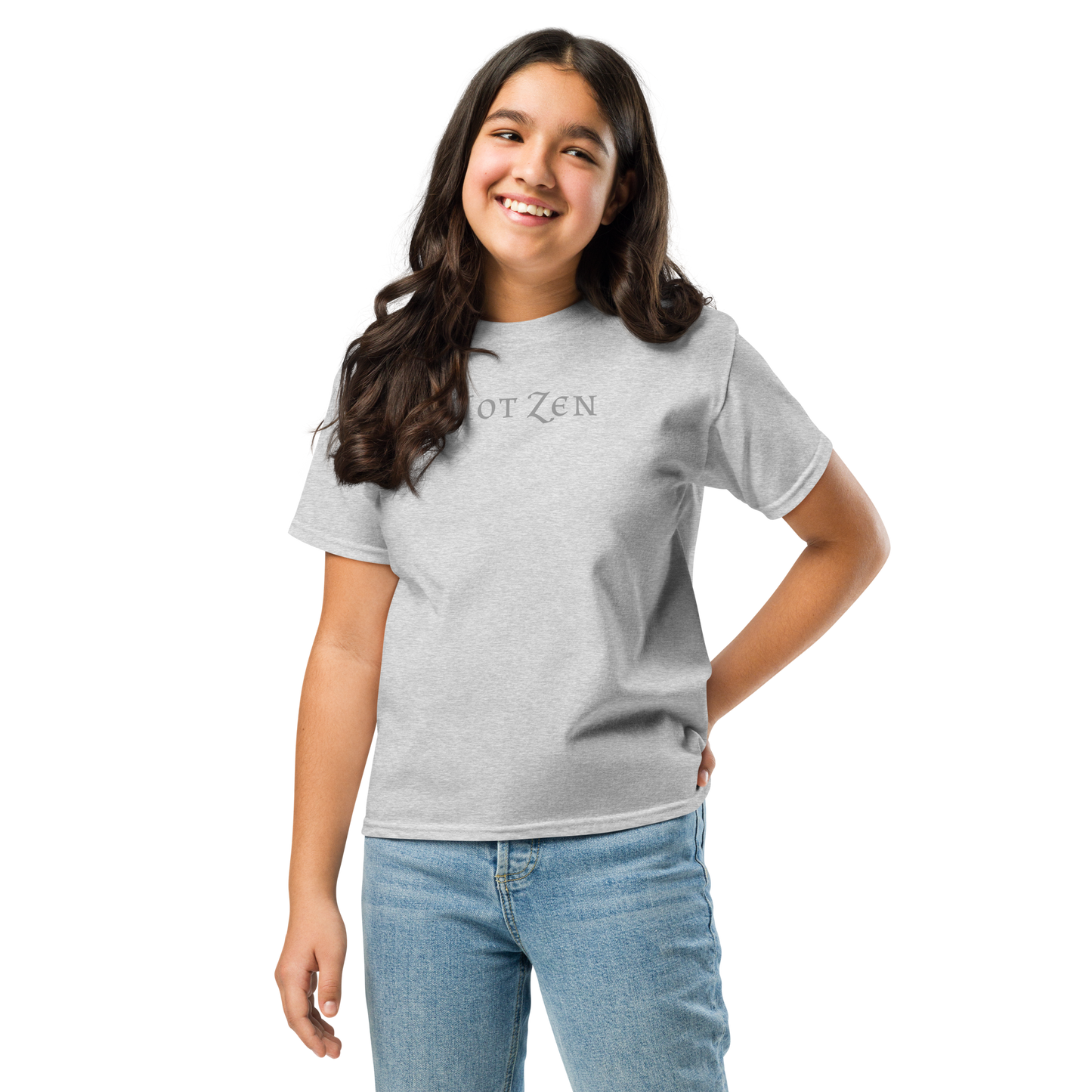 "Not zen" printed on a sport grey youth classic tee worn by a female