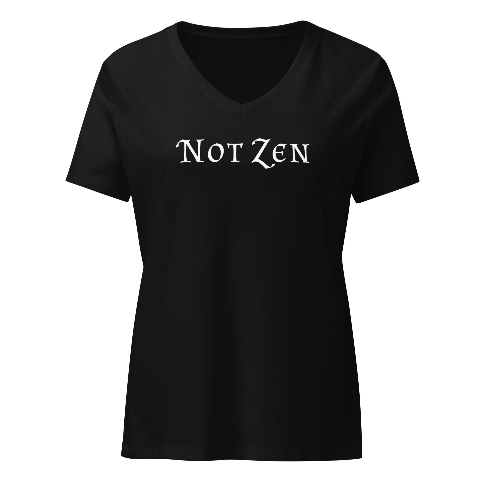 "Not zen" printed on a solid black blend on an invisible / simulated body