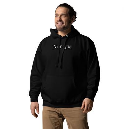 "Not zen" printed on a black unisex hoodie worn by a male