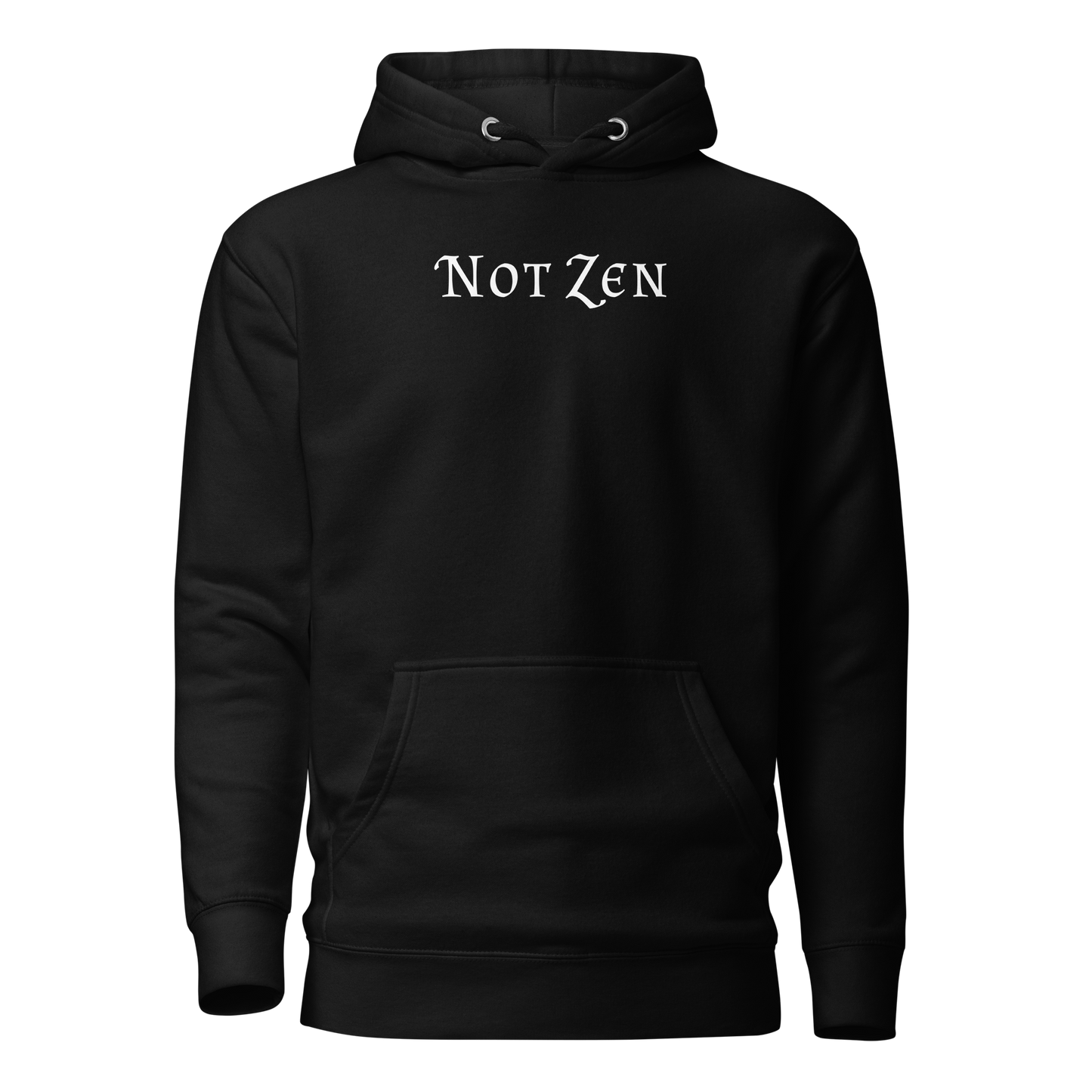 "Not zen" printed on a black on an invisible / simulated body