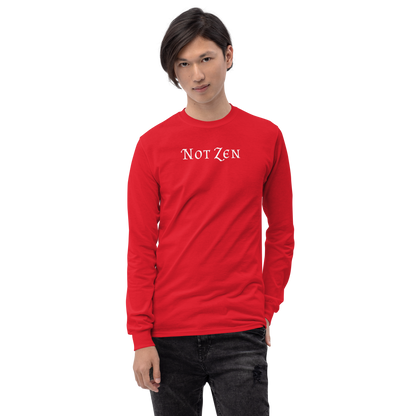 "Not zen" printed on a red men's long sleeve shirt worn by a male