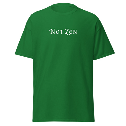 "Not zen" printed on a turf green on an invisible body