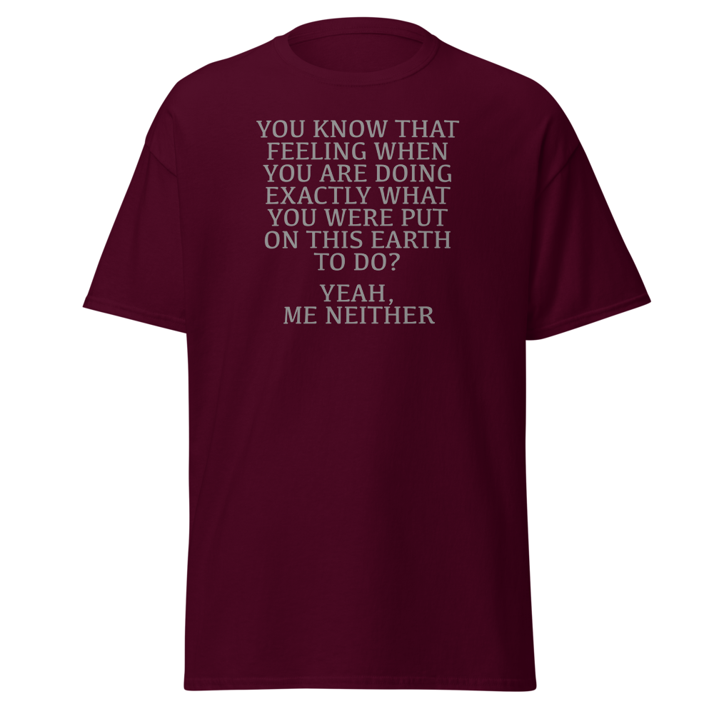 "You know that feeling when you are doing exactly what you were put on this earth to do? Yeah, Me Neither" printed on a maroon on an invisible body