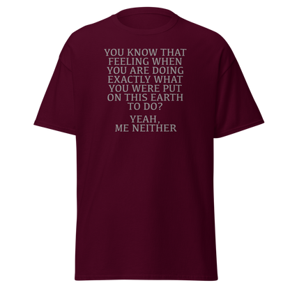 "You know that feeling when you are doing exactly what you were put on this earth to do? Yeah, Me Neither" printed on a maroon on an invisible body