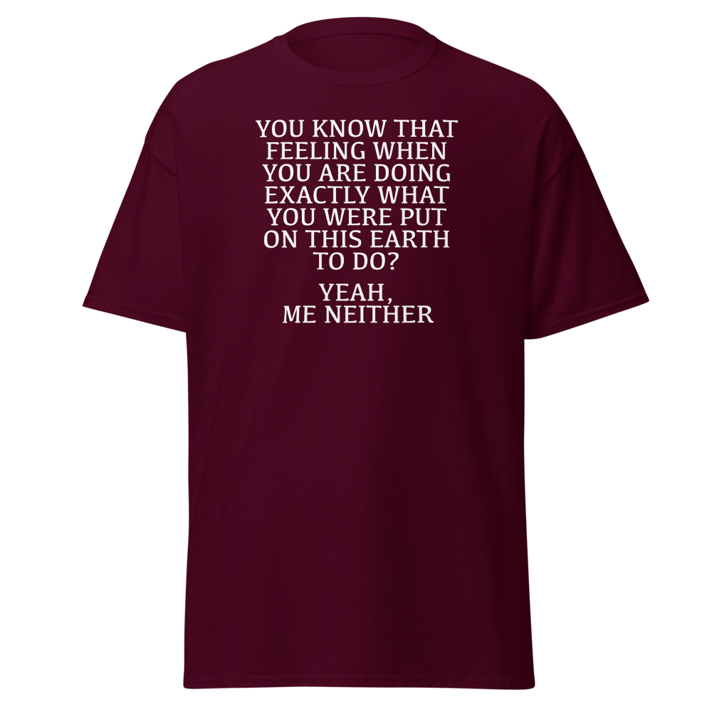 "You know that feeling when you are doing exactly what you were put on this earth to do? Yeah, Me Neither" printed on a maroon on an invisible body