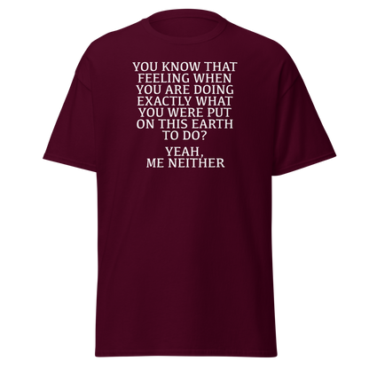 "You know that feeling when you are doing exactly what you were put on this earth to do? Yeah, Me Neither" printed on a maroon on an invisible body