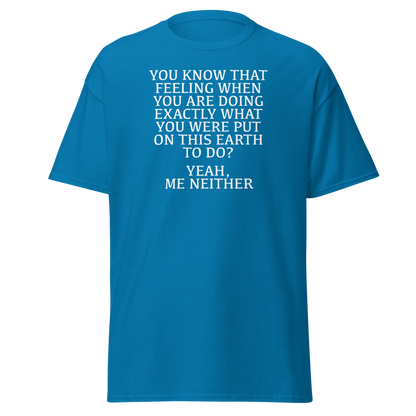 "You know that feeling when you are doing exactly what you were put on this earth to do? Yeah, Me Neither" printed on a sapphire on an invisible body