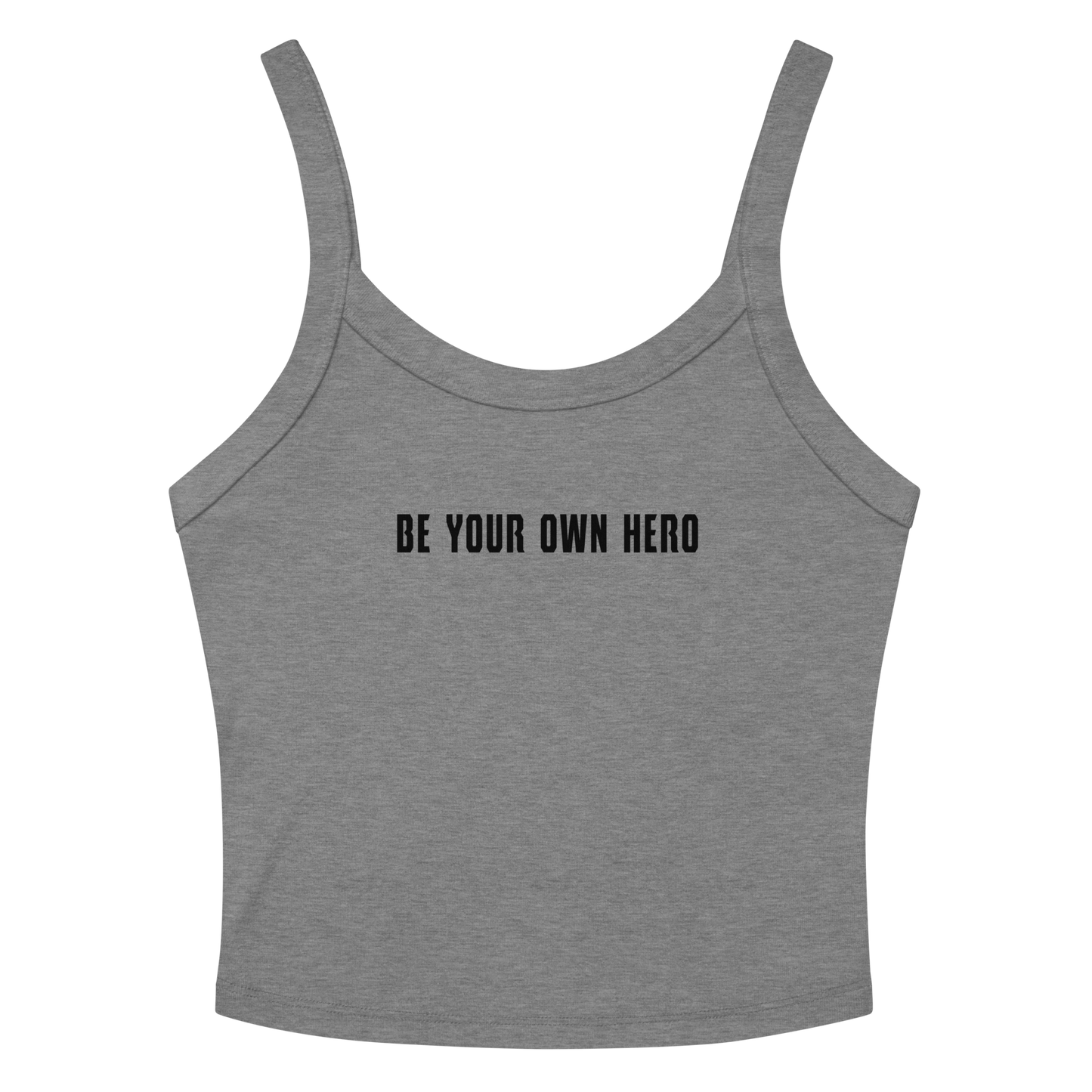 "Be your own here" printed on a athletic heather women's micro-rib tanktop laying on a flat surface amongst sunglasses and shorts