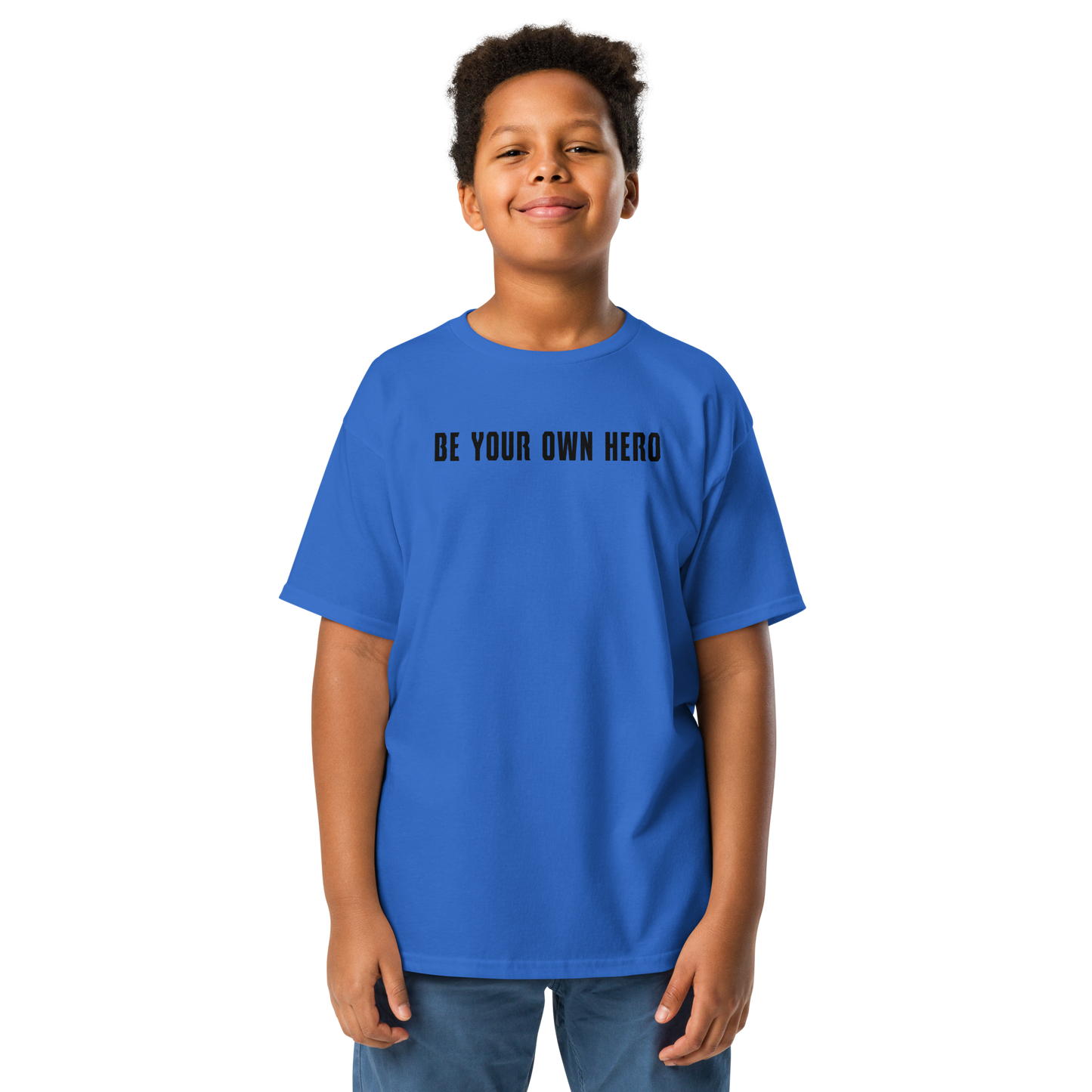 "Be your own here" printed on a royal youth classic tee worn by a male