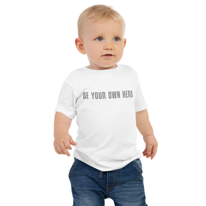 "Be your own here" printed on a white baby jersey short sleeve tee worn by a male