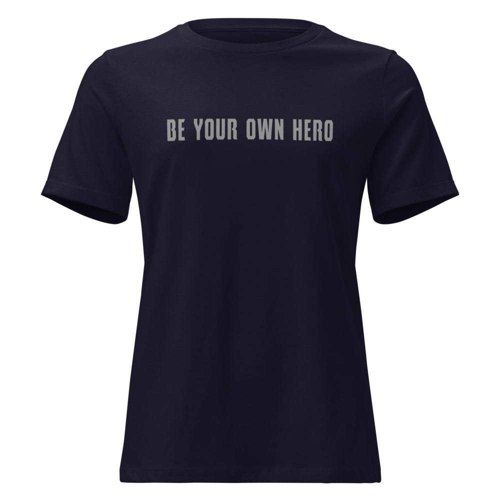 "Be your own here" printed on a navy on an invisible / simulated body