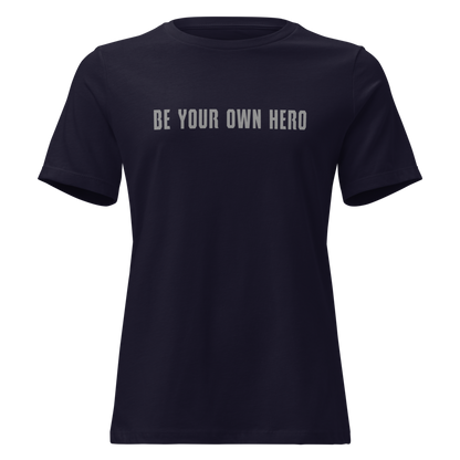 "Be your own here" printed on a navy on an invisible / simulated body