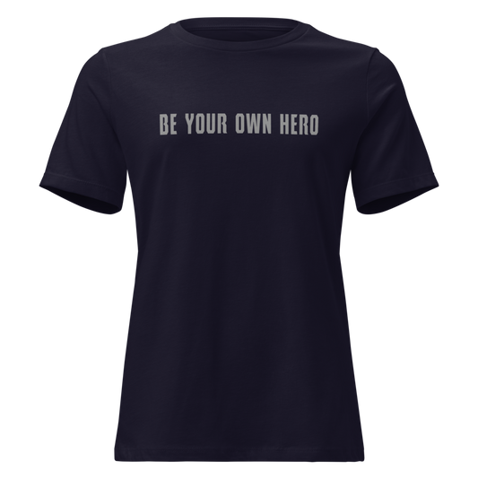 "Be your own here" printed on a navy on an invisible / simulated body